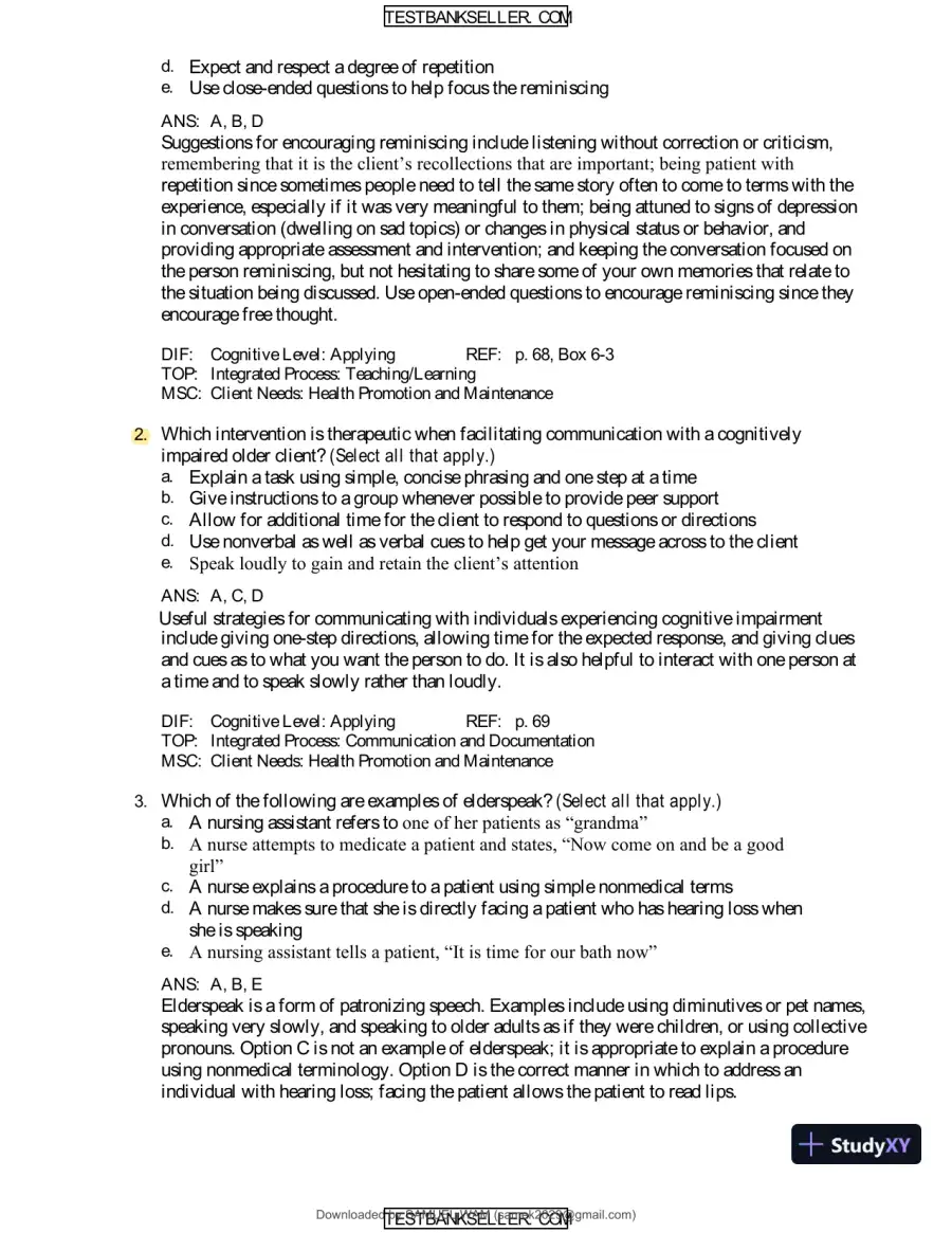 Ebersole And Hess' Toward Healthy Aging: Human Needs And Nursing Response, 9th Edition Test Bank, page 27