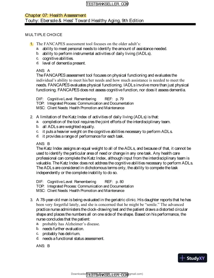 Ebersole And Hess' Toward Healthy Aging: Human Needs And Nursing Response, 9th Edition Test Bank, page 29