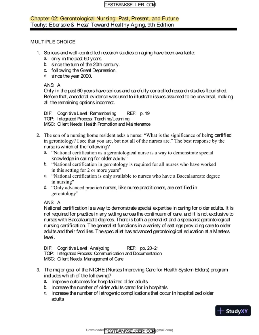 Ebersole And Hess' Toward Healthy Aging: Human Needs And Nursing Response, 9th Edition Test Bank, page 7