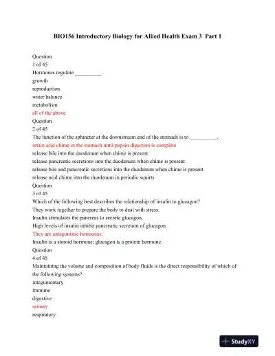 BIO156 Introductory Biology for Allied Health Exam 3 Part 1 - Page 1 preview image