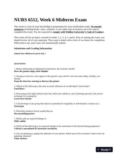 NURS6512 Walden University Clinical Analysis Midterm Exam Week 6 With Answers (200 Solved Questions) - Page 1 preview image