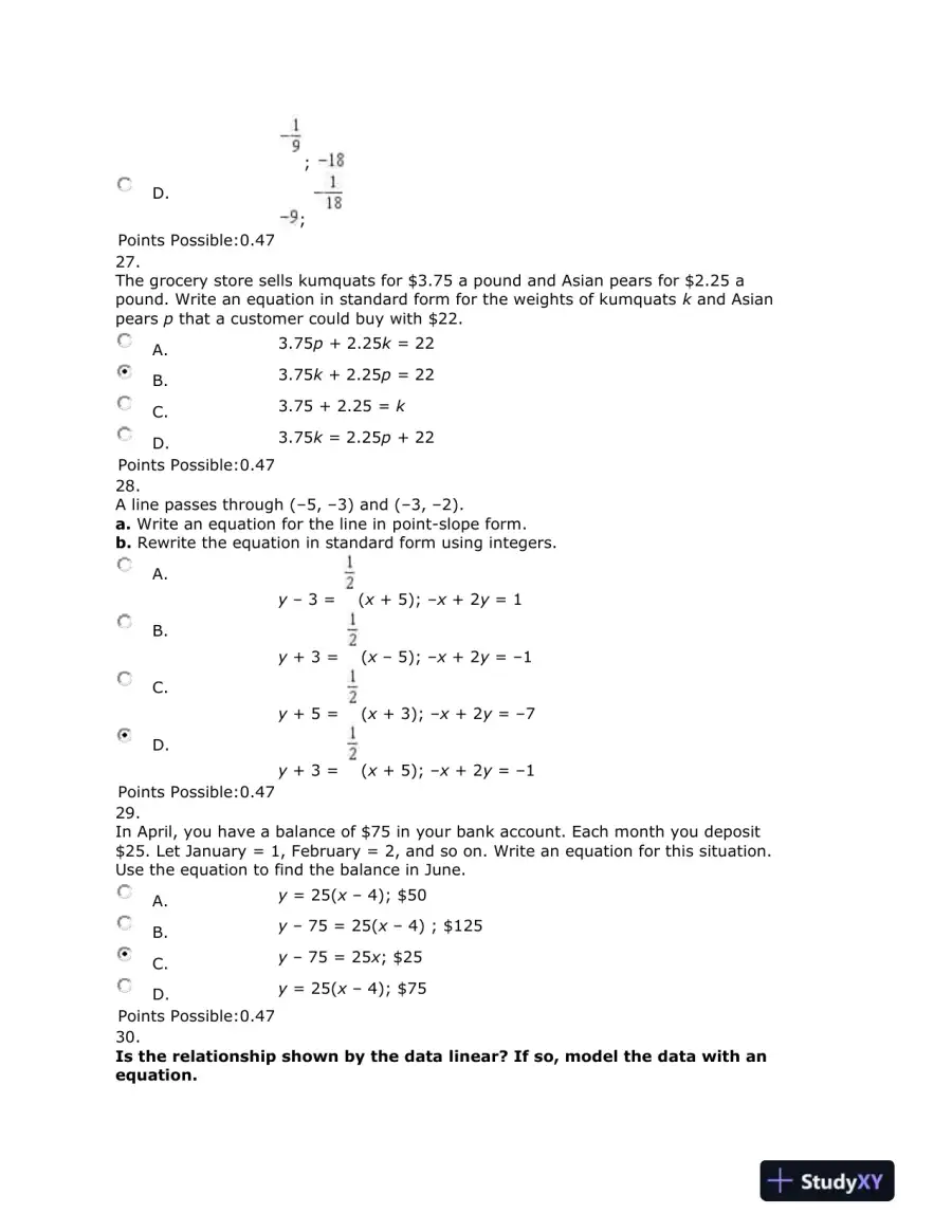 Algebra Test: Linear Equations, Graphs, and Systems of Equations, page 15