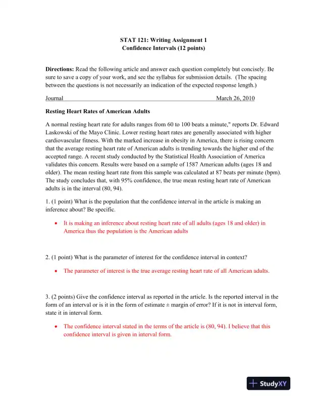 STAT 121: Writing Assignment 1 Confidence Intervals - Page 1 preview image