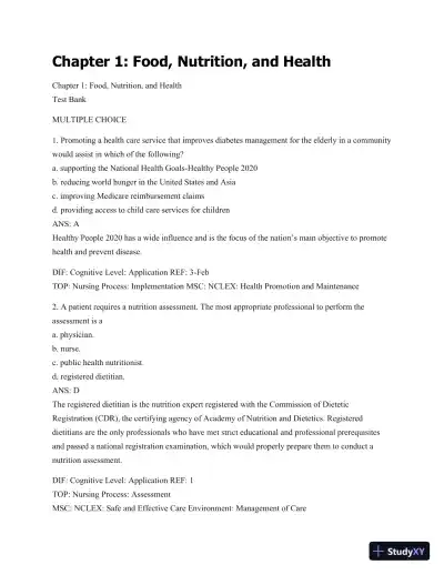 Test Bank For Williams' Basic Nutrition & Diet Therapy, 14th Edition - Page 1 preview image