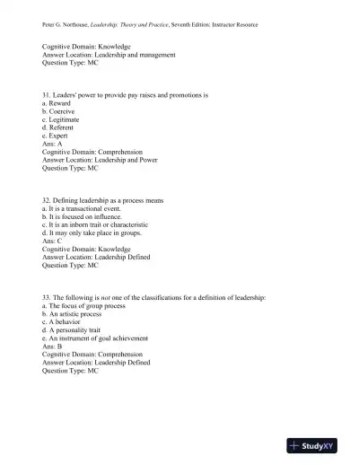 Leadership: Theory and Practice, 7th Edition Test Bank - Page 10 preview image