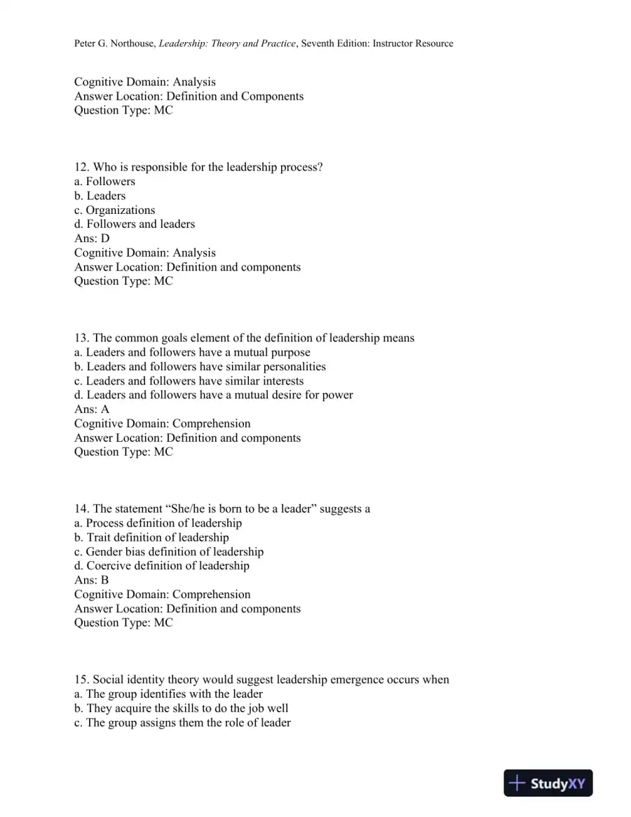Leadership: Theory and Practice, 7th Edition Test Bank, page 5