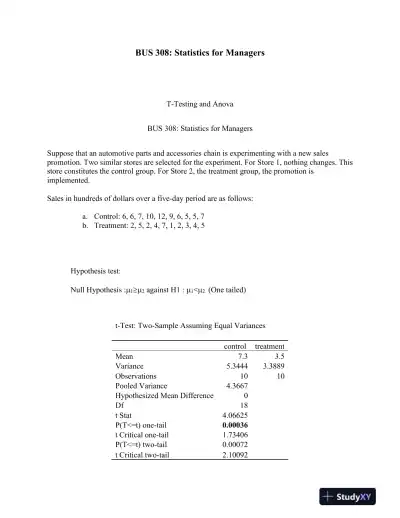 BUS 308: Statistics for Managers - Page 1 preview image