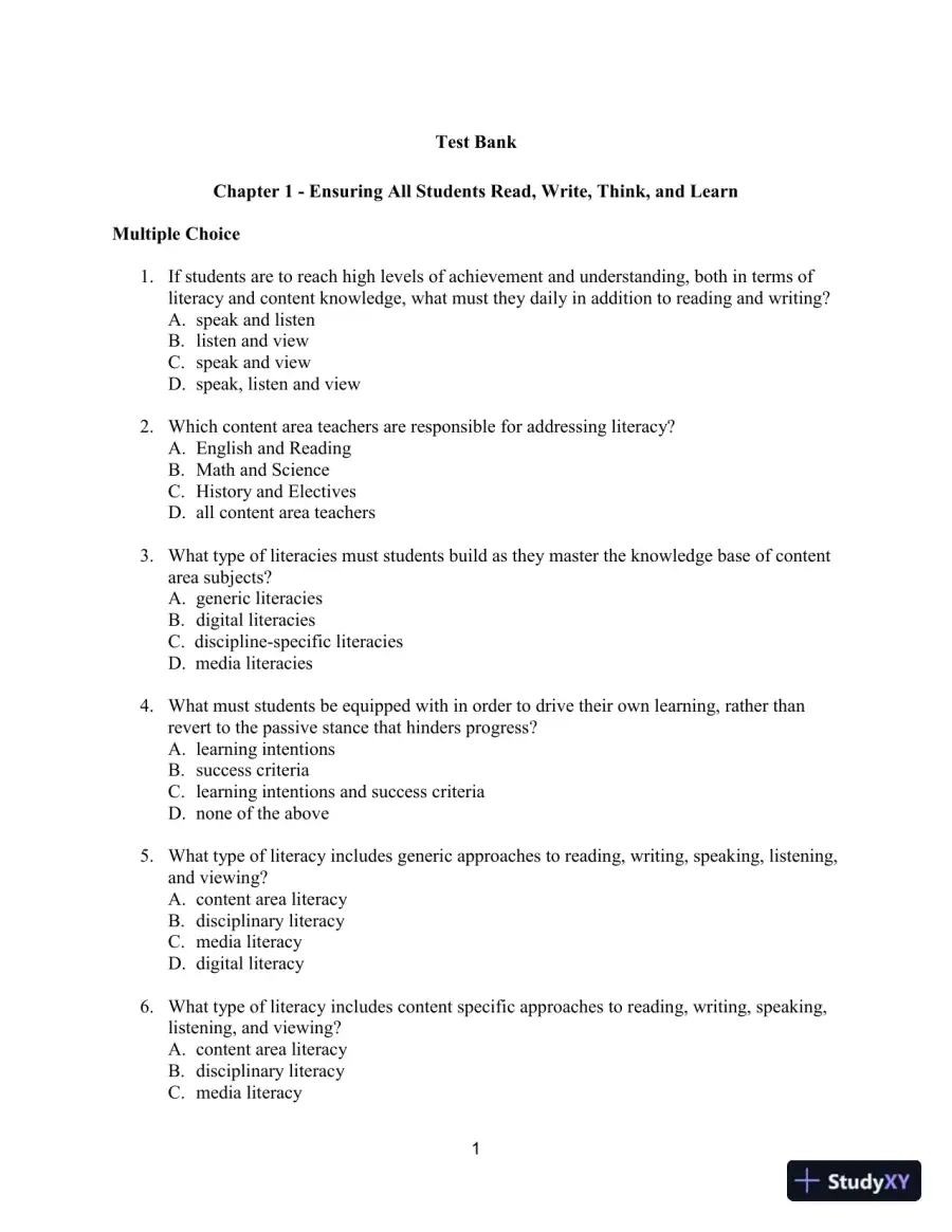 Test Bank for Improving Adolescent Literacy: Content Area Strategies At Work, 5th Edition, page 4