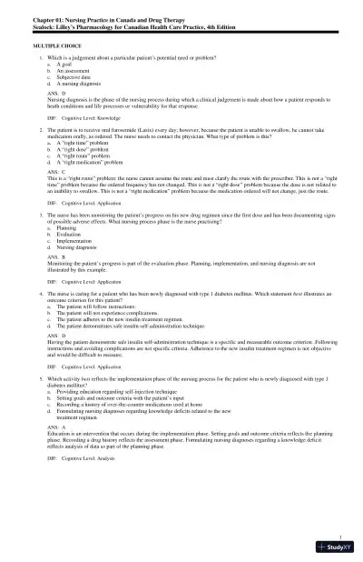 Test Bank for Lilley's Pharmacology for Canadian Health Care Practice, 4th Edition (Chapters 1-58) - Page 1 preview image