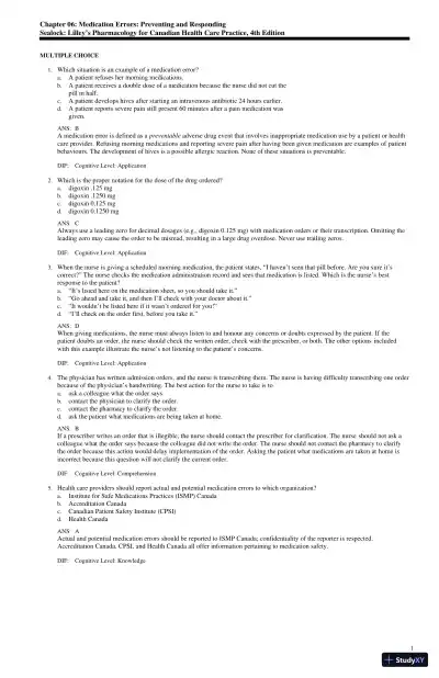 Test Bank for Lilley's Pharmacology for Canadian Health Care Practice, 4th Edition (Chapters 1-58) - Page 13 preview image