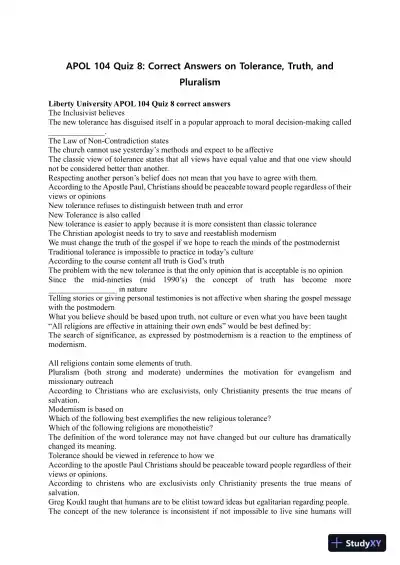 APOL 104 Quiz 8: Correct Answers on Tolerance, Truth, and Pluralism Liberty University - Page 1 preview image