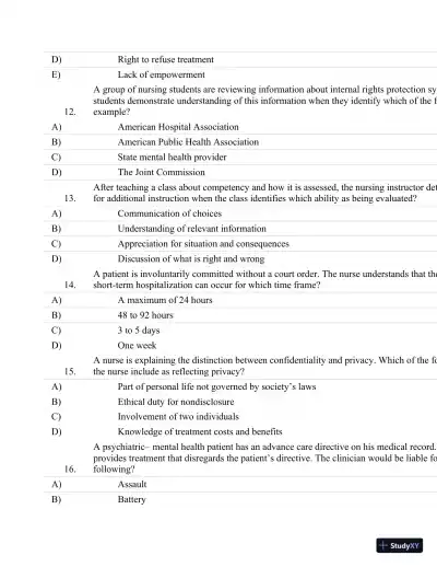 Test Bank For Psychiatric Nursing: Contemporary Practice (Boyd, Psychiatric Nursing) Fifth Edition - Page 19 preview image