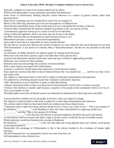 Liberty University APOL 104 Quiz 6 Complete Solution Correct Answer Key - Page 1 preview image