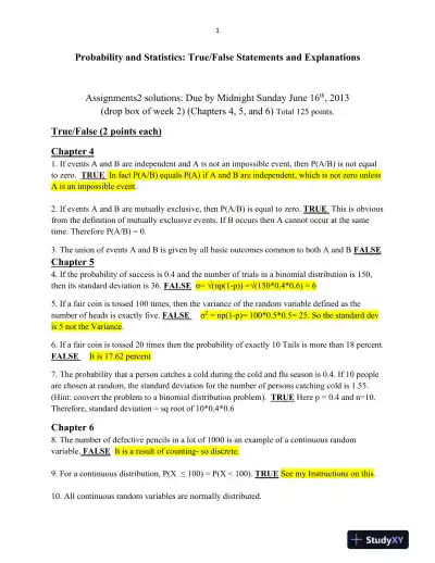 Probability and Statistics: True/False Statements and Explanations - Page 1 preview image