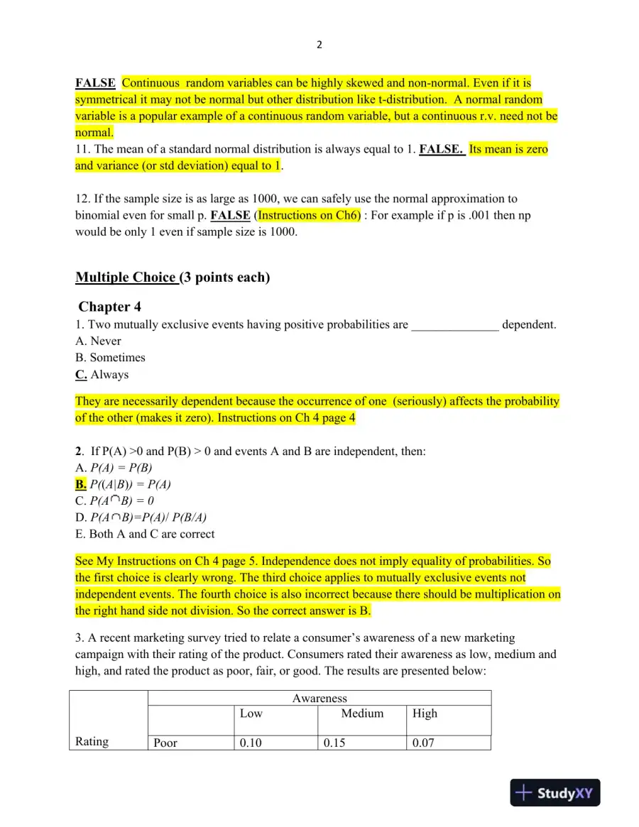 Probability and Statistics: True/False Statements and Explanations, page 3