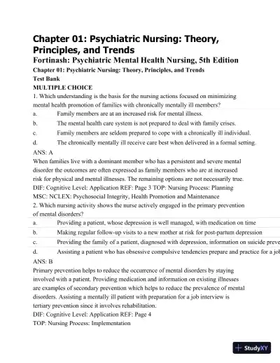 Test Bank For Psychiatric Mental Health Nursing - Revised Reprint, 5th Edition - Page 1 preview image