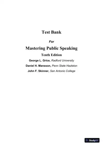 Test Bank for Mastering Public Speaking, 10th Edition - Page 1 preview image