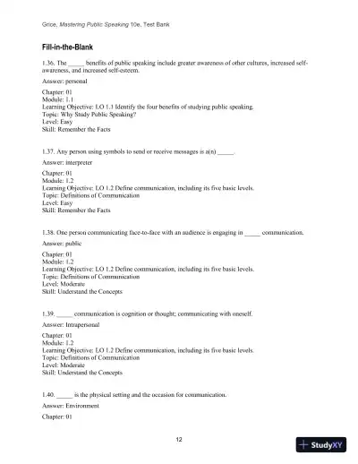 Test Bank for Mastering Public Speaking, 10th Edition - Page 14 preview image