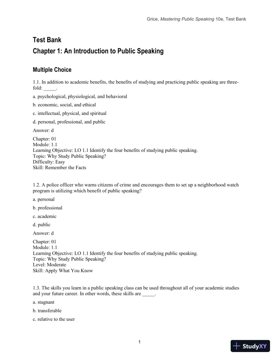Test Bank for Mastering Public Speaking, 10th Edition, page 3