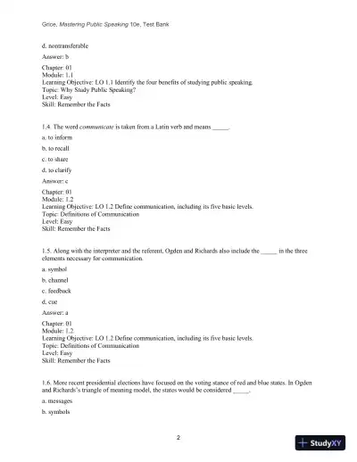 Test Bank for Mastering Public Speaking, 10th Edition - Page 4 preview image