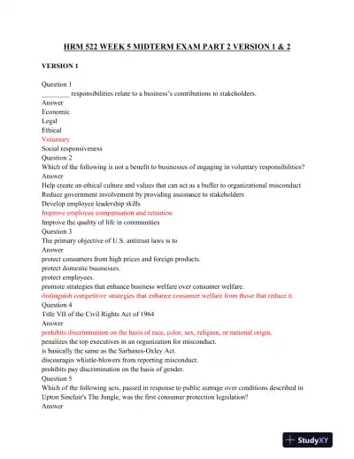 HRM 522 Week 5 Midterm Exam Part 2 Version 1 & 2 - Page 1 preview image