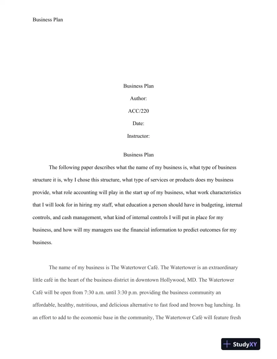 ACC/220 Business Plan for The Watertower Caf�: Structure, Financial Management, and Growth Strategy, page 3