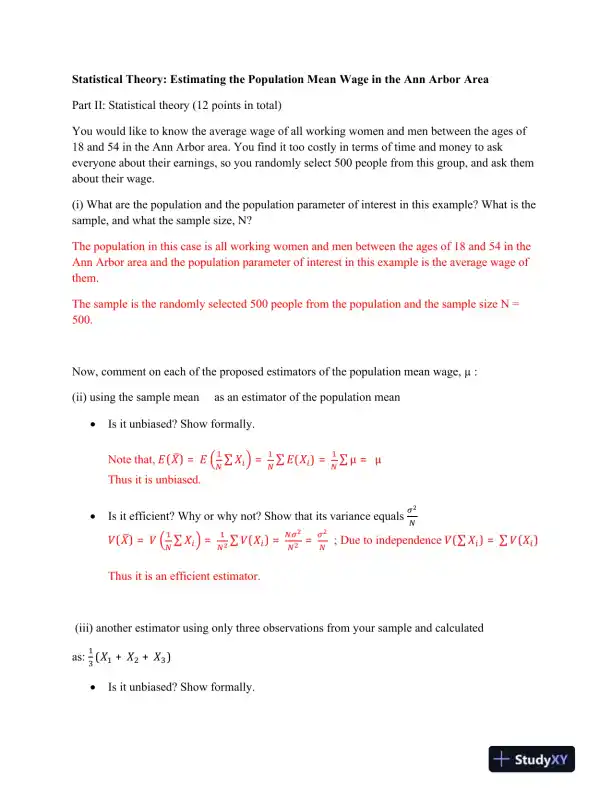 Statistical Theory: Estimating the Population Mean Wage in the Ann Arbor Area - Page 1 preview image