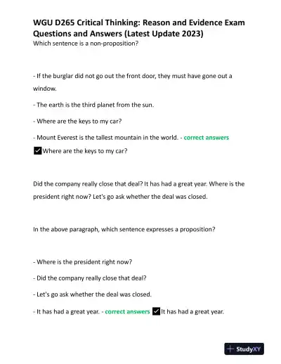 2023 WGU D265 Critical Thinking: Reason and Evidence Exam With Answers (124 Solved Questions) - Page 1 preview image