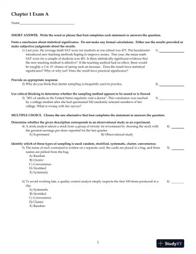 Elementary Statistics Using The TI-83/84 Plus Calculator, 4th Edition Test Bank - Page 1 preview image