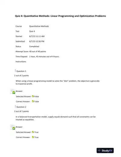 Quiz 4: Quantitative Methods: Linear Programming and Optimization Problems - Page 1 preview image