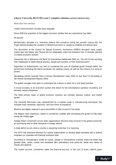 Liberty University BUSI 303 exam 1 Complete Solutions Correct Answers Key - Page 1 preview image