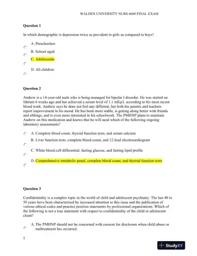 2021 NURS6660 Walden University Clinical Analysis Final Exam With Answers (75 Solved Questions) - Page 1 preview image