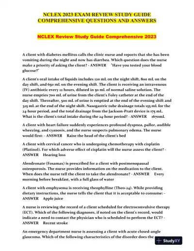 2023 NCLEX Clinical Analysis Review Study Guide Comprehensive With Answers (260 Solved Questions) - Page 1 preview image