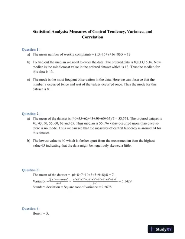 Statistical Analysis: Measures of Central Tendency, Variance, and Correlation - Page 1 preview image