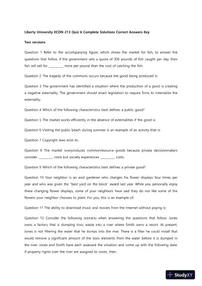 Liberty University ECON 213 Quiz 6 Complete Solutions Correct Answers Key - Page 1 preview image