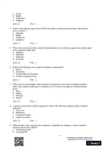 Test Bank For Surgical Technology for the Surgical Technologist: A Positive Care Approach, 4th Edition - Page 10 preview image