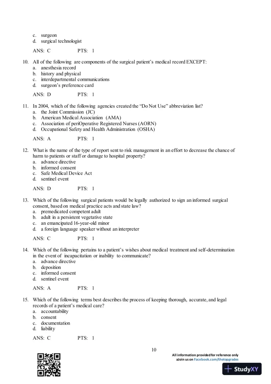 Test Bank For Surgical Technology for the Surgical Technologist: A Positive Care Approach, 4th Edition, page 11