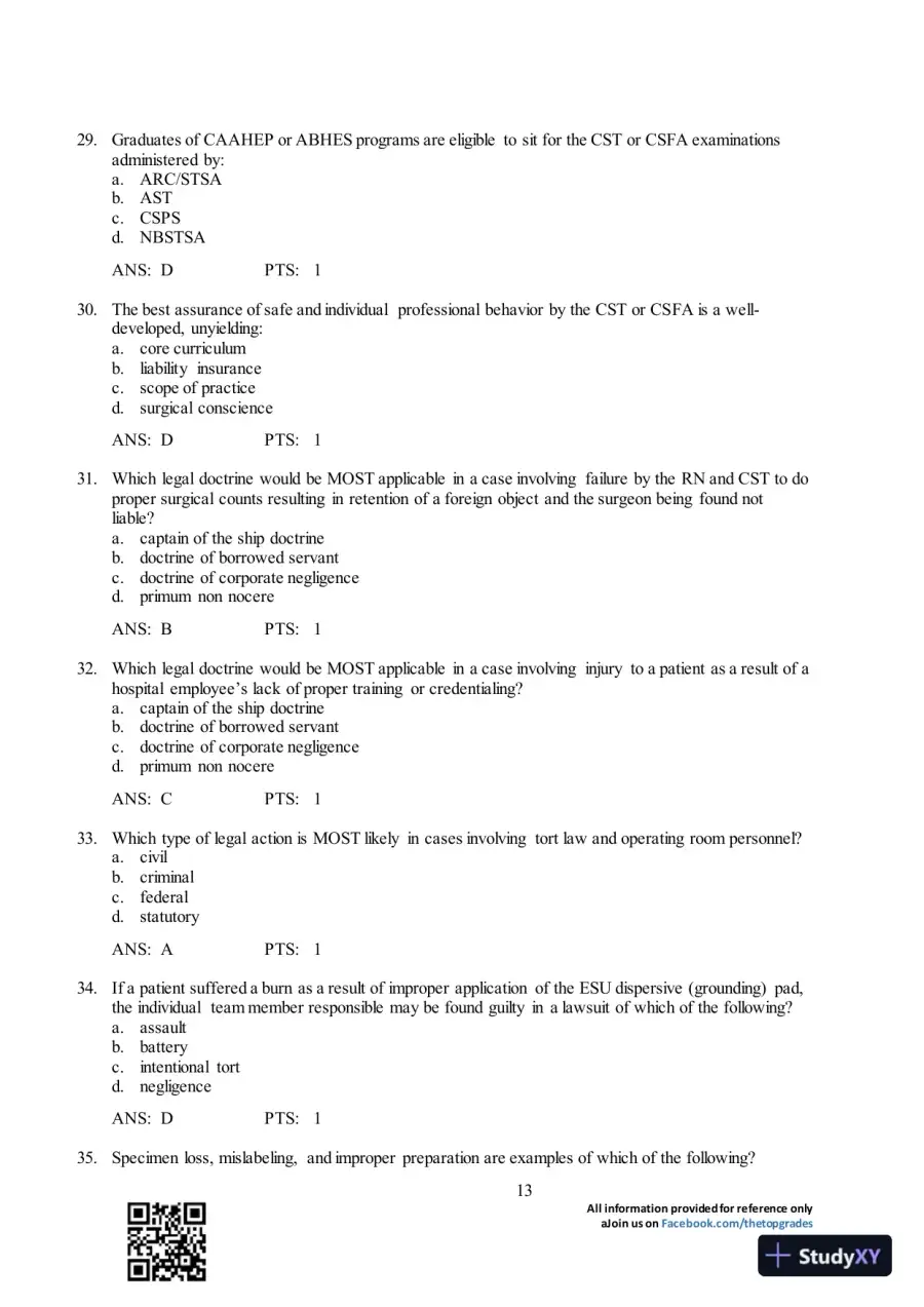 Test Bank For Surgical Technology for the Surgical Technologist: A Positive Care Approach, 4th Edition, page 14