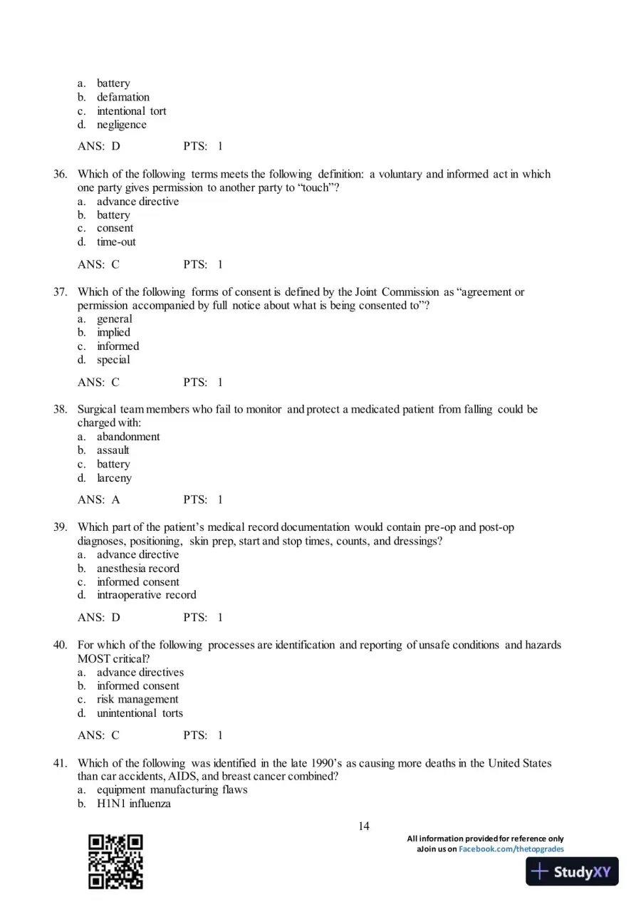 Test Bank For Surgical Technology for the Surgical Technologist: A Positive Care Approach, 4th Edition, page 15