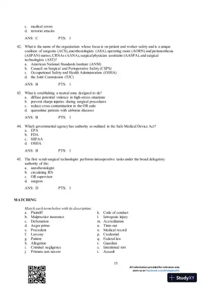 Test Bank For Surgical Technology for the Surgical Technologist: A Positive Care Approach, 4th Edition - Page 16 preview image