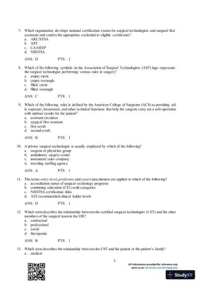 Test Bank For Surgical Technology for the Surgical Technologist: A Positive Care Approach, 4th Edition - Page 3 preview image