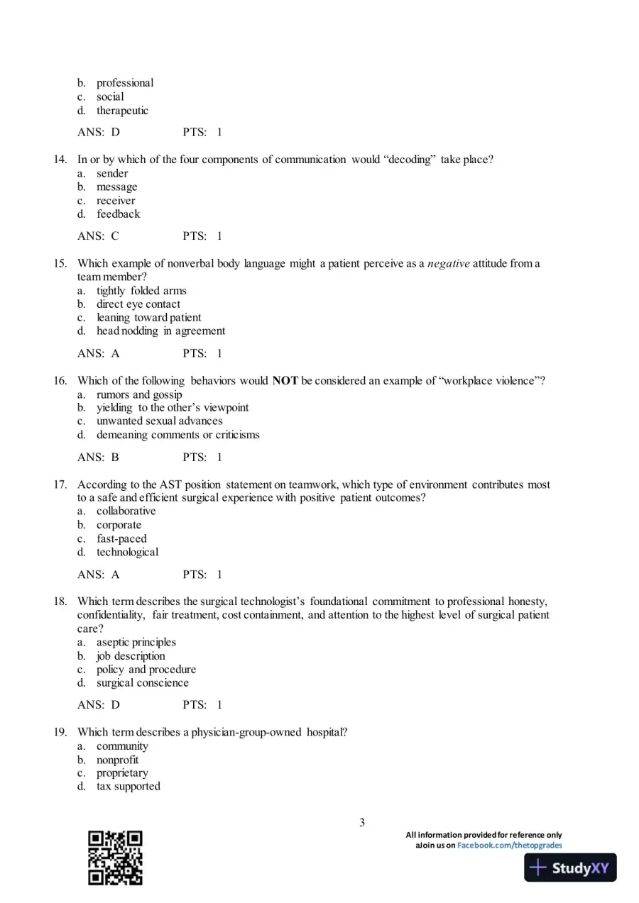 Test Bank For Surgical Technology for the Surgical Technologist: A Positive Care Approach, 4th Edition, page 4