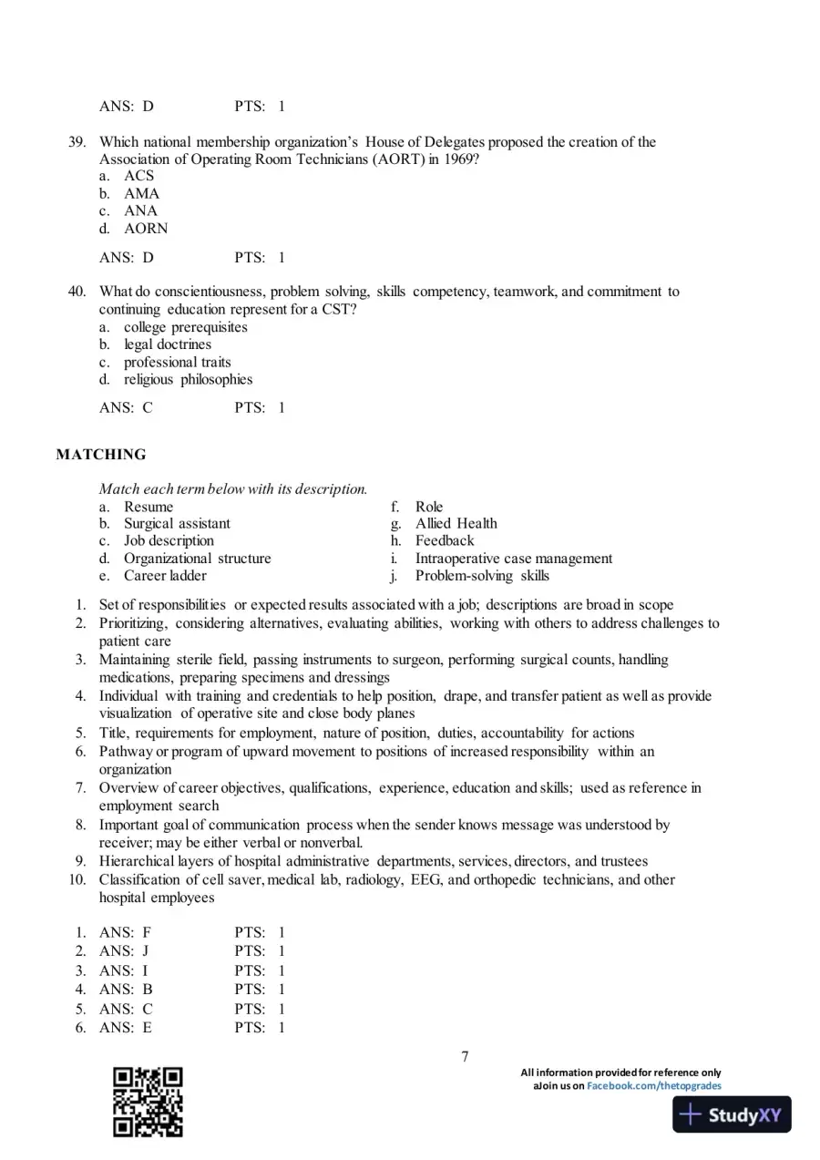 Test Bank For Surgical Technology for the Surgical Technologist: A Positive Care Approach, 4th Edition, page 8