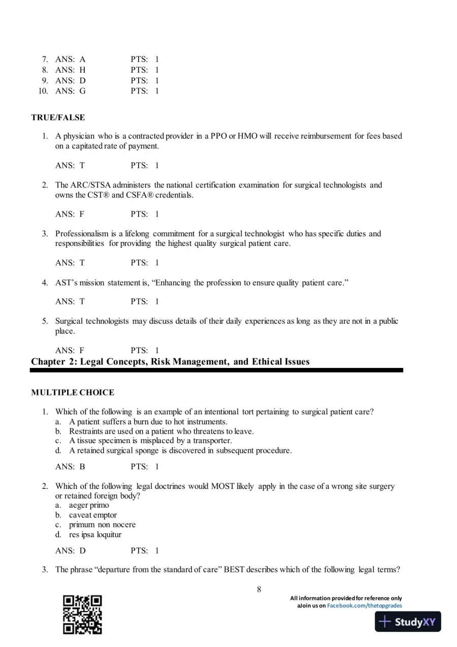 Test Bank For Surgical Technology for the Surgical Technologist: A Positive Care Approach, 4th Edition, page 9