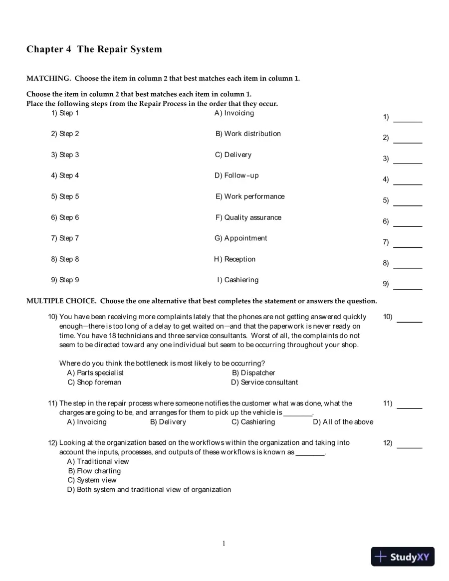 Test Bank for Automotive Service Management, 3rd edition, page 10