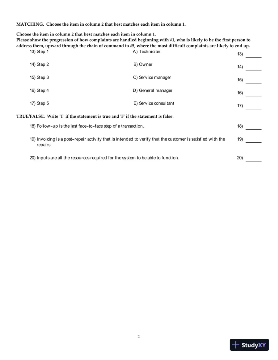 Test Bank for Automotive Service Management, 3rd edition, page 11