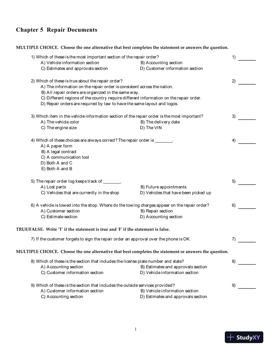 Test Bank for Automotive Service Management, 3rd edition, page 13
