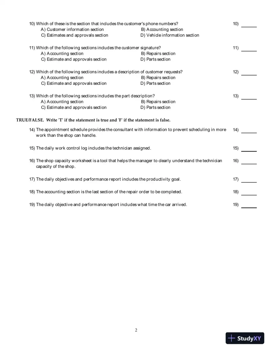 Test Bank for Automotive Service Management, 3rd edition, page 14