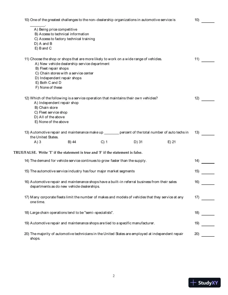 Test Bank for Automotive Service Management, 3rd edition, page 2