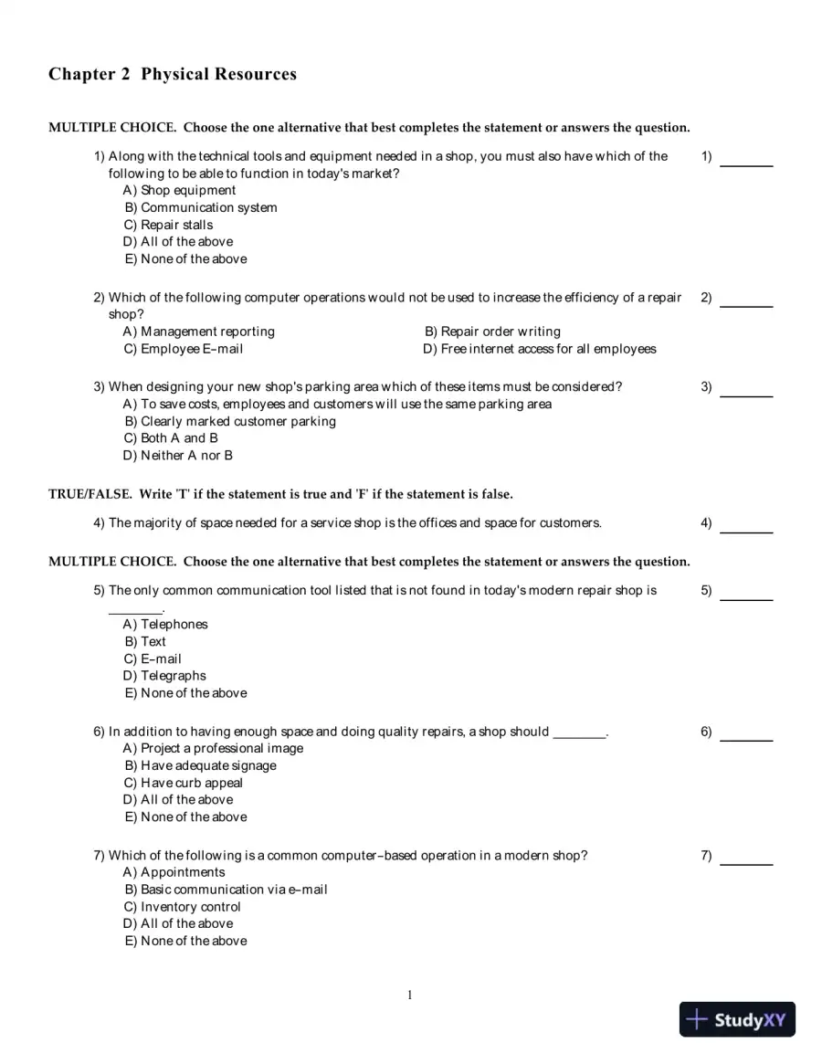 Test Bank for Automotive Service Management, 3rd edition, page 4